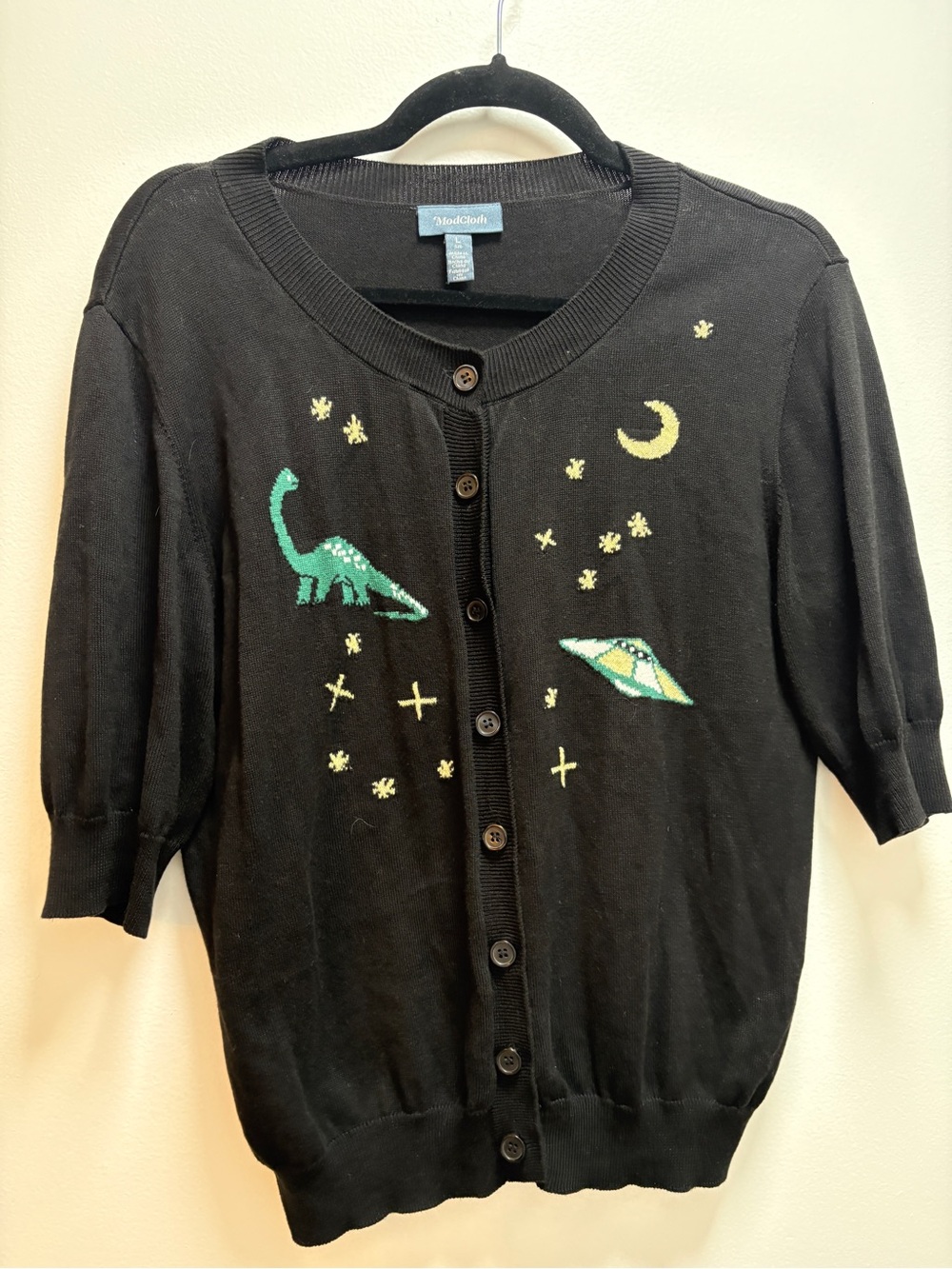 ModCloth Black Cardigan with Green Dino & UFO Motifs- celestial eclectic grunge